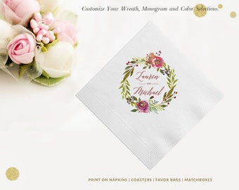 Floral Monogram 3 Ply Napkins, Full Color Napkins, Custom Wedding Napkins, Bridal Shower, 3-Ply Cocktail Napkins, Printed Party Napkins