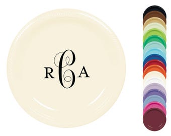 Custom Printed Plates - Delicate Script Initials party plates - Dessert, Appetizer, 7 inch, Plastic, Wedding, Anniversary, Shower