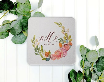 Personalized Wedding Coasters, Blush and Green Floral Wedding Coaster, Wedding Favors, Reception Table Setting Decor, Rehearsal Dinner