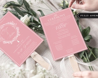 Dusty Rose Wedding Fan Program, Dusty Blue Ceremony Program, Light Pink Crest, Assembled Fan Program Wedding, Wedding Programs,