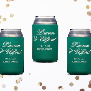 Wedding Coozies Personalized Wedding Favors Custom Can Coolers Couples Shower Decorations Rehearsal Dinner Beer Huggers
