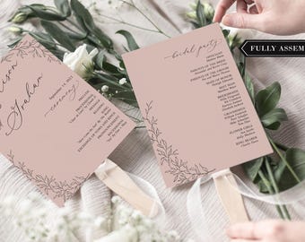 Blush Wedding Program Fans Botanical - Blush Pink branch Wedding Program Fans - Printed Ceremony Fan - Nude Cardstock White Ink - Assembled