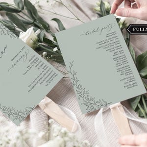 Sage Green Wedding Program Fans Botanical - Green branch Wedding Program Fans - Printed Ceremony Fan - Green Cardstock White Ink - Assembled
