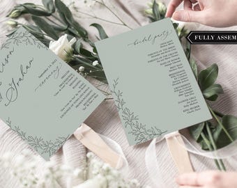 Sage Green Wedding Program Fans Botanical - Green branch Wedding Program Fans - Printed Ceremony Fan - Green Cardstock White Ink - Assembled