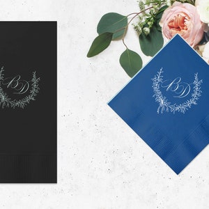 Rustic Wreath Custom Cocktail Napkins - Personalized Wedding Napkins, Wedding Decor Rustic, Reception Decorations, Bar Decor, Dessert Table