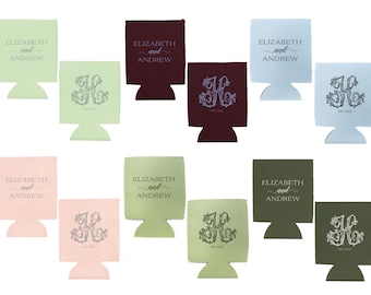 Classic Script Name & Vintage Monogram Can Coolers, Wedding Drink Huggers, Sage, Burgundy, Blue, Blush, 12 oz, Neoprene or Foam