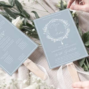 Dusty Blue Wedding Program Fans with Wooden Sticks, Dusty blue Wedding Programs, Decor, Printed Fans, Includes Sticks, Assembled