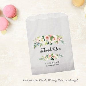 Thank You Set of 25 Personalized Custom Peach Floral Greenery Wedding Favor Treat Bags - Candy, Donuts, Cookies, Popcorn - Wedding, Bridal