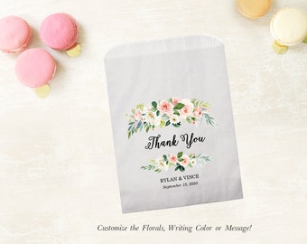 Thank You Set of 25 Personalized Custom Peach Floral Greenery Wedding Favor Treat Bags - Candy, Donuts, Cookies, Popcorn - Wedding, Bridal