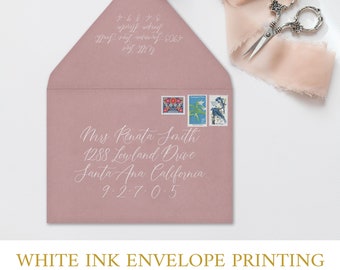 A7 Euro Flap Envelopes and Printing, Wedding Envelopes, Printed Guest & Return Address Envelope Calligraphy, White Ink, Color Envelopes