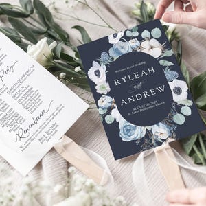 Navy Floral Hochzeitsprogramm Fächer, Programmfächer, Hochzeitsfächer für Gäste, Zeremonienprogramme, Hochzeitsprogramme, Marineblüten