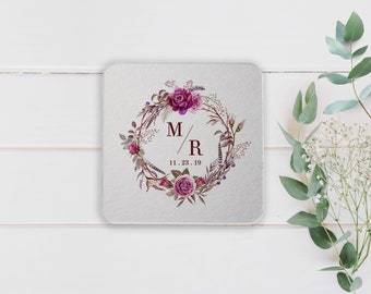 Personalized Wedding Coasters, Burgundy Floral Wedding Coaster, Wedding Favors, Reception Table Setting Decor, Rehearsal Dinner