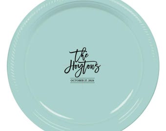 Personalized Plastic Plates, Custom Disposable Wedding Plates with Script Name -  Date, Cake Plate, Appetizer plate, Multiple Colors & Sizes