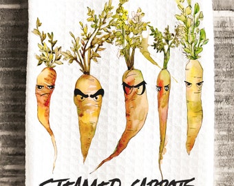 Puede incluir: Toalla de cocina blanca con una ilustración de acuarela de cinco zanahorias antropomórficas con expresiones enfadadas y copas verdes. El texto "STEAMED CARROTS" está escrito en negro debajo.