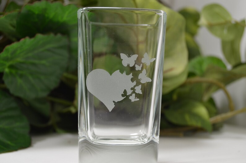 Shot Glass Etched Shot Glass Heart and Butterflies Etched Shot Glass image 1