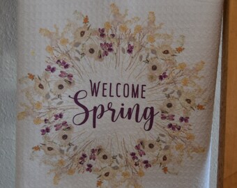Dish Towel, Tea Towel, Welcome Spring Theme Printed Dish Towel, Kitchen Hand Towel, Dish Cloth