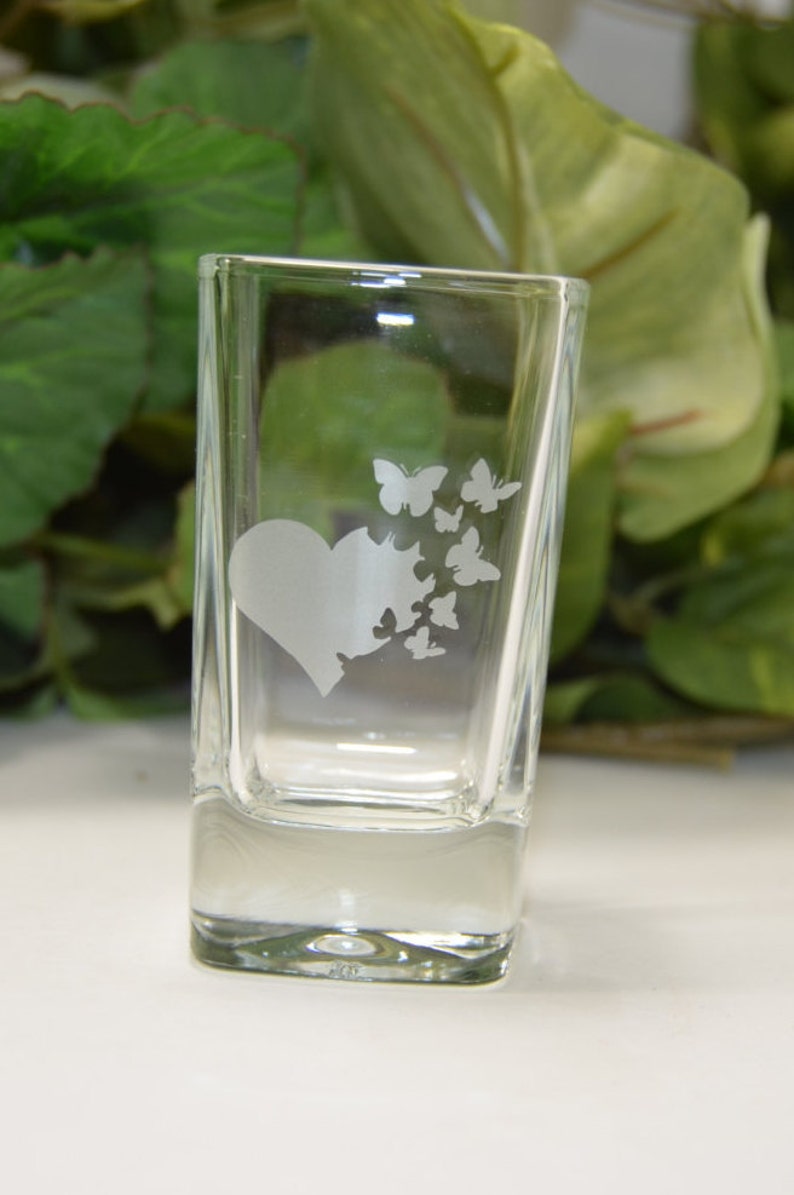 Shot Glass Etched Shot Glass Heart and Butterflies Etched Shot Glass image 2