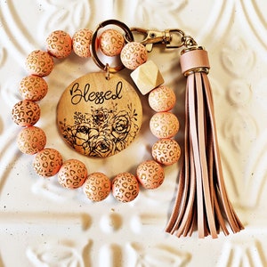 Wood Bead Keychain Wristlet, Engraved Keychain Wristlet, Personalized Keychain Wristlet, Stretchy Wristlet Keychain, Leopard Spot Wood Beads