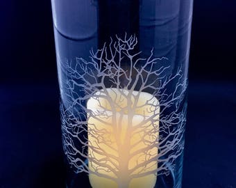 Candle Holder ~ Glass Candle Holder ~ Hurricane Glass Candle Holder ~ Sandblasted Candle Holder ~ Sandblasted with Tree ~ Etched Glass