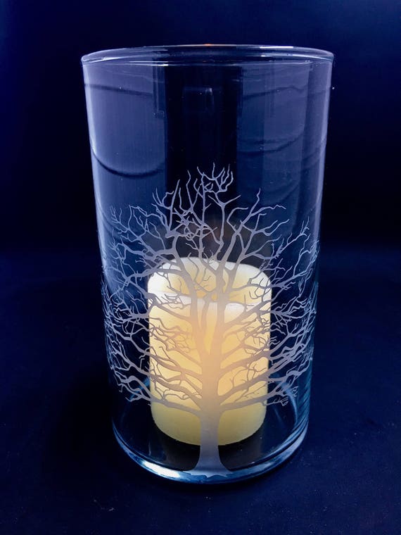 Fall Decor Candle Glass Candle Holder Hurricane Glass Candle Holder  Sandblasted Candle Holder Sandblasted With Tree Etched Glass 