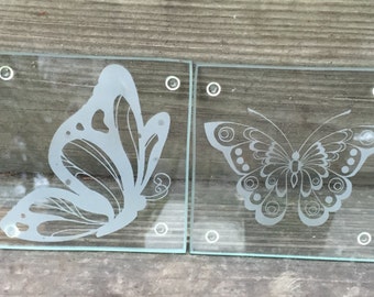 Glass Coaster Set ~ Glass Coaster Etched Butterfly ~ Set of 4 Glass Coasters - Etched glass Coasters ~ Etched Coasters ~ Drink Coasters