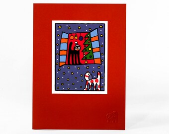 Cute Christmas Card. Christmas Tree. Red Holiday Card. Cat and Dog Seasonal Card. Modern Christmas card.