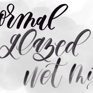 May include: Handwritten calligraphy in black ink on a white background. The words "normal", "glazed", and "wet mix" are written in a cursive style.