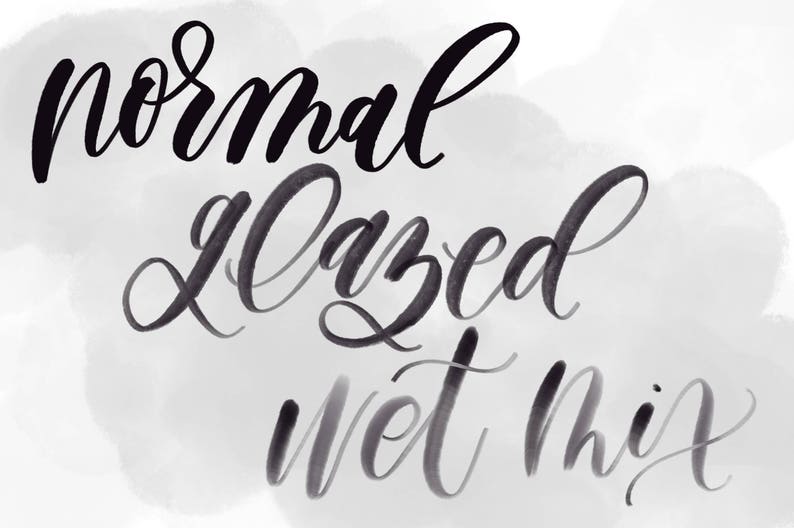 May include: Handwritten calligraphy in black ink on a white background. The words "normal", "glazed", and "wet mix" are written in a cursive style.