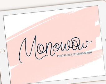 May include: A digital illustration of a brush font called "Monowow" on a pink and white background. The text "Procreate Lettering Brush" is below the font name.