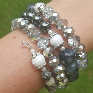 Wrap Beaded Bracelet Dragon Vein Agate White Howlite Spider Web Jasper Faceted Grey Crystal Silver Arm Cuff Memory Wire