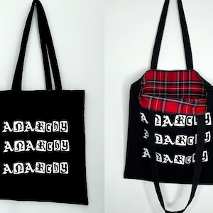 Anarchy RED TARTAN LINING Punk Tote Bag || Gothic Emo Alternative bag ||