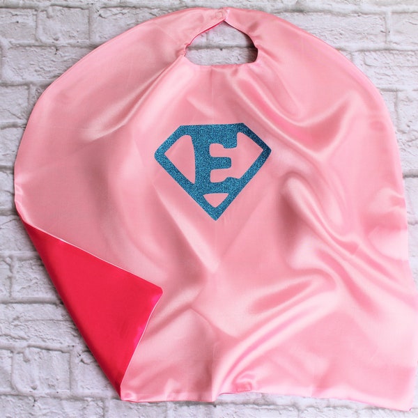 Super girl Cape, girls superhero cape, pink cape with hot pink liner and aqua supergirl symbol with custom initial, superhero costume, party