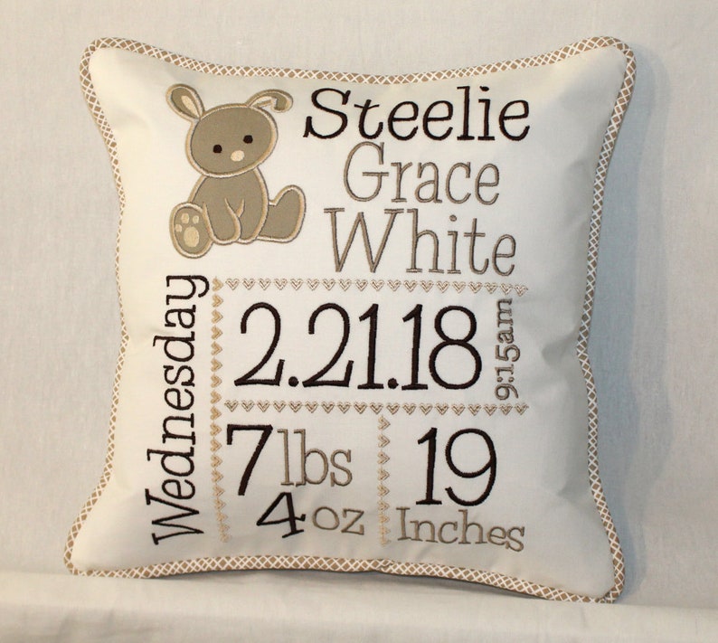 embroidered birth announcement pillow