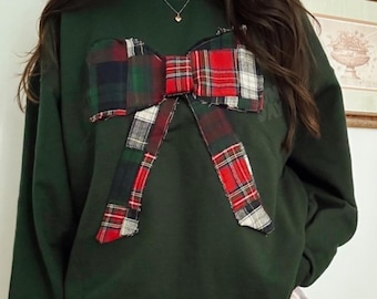 Patchwork-tröja med rosett, julpatchwork-tröja med rund halsringning, söt rutig tröja med rosett