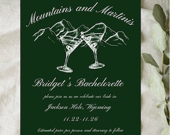 Editable Mountains and Martinis Bachelorette Party Trip Invitation and Itinerary, digital invitation template, printable invite