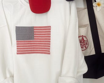 Sweatshirt met ronde hals, Amerikaanse vlag, patchwork, vintage kuststijl