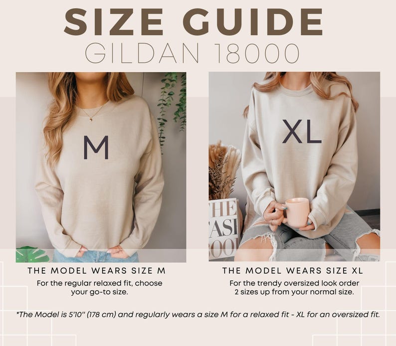 K&ouml;nnte beinhalten: Eine Gr&ouml;&szlig;entabelle f&uuml;r das Gildan 18000 Sweatshirt mit zwei Fotos. Eines zeigt eine Person in einem Sweatshirt der Gr&ouml;&szlig;e M, das andere in Gr&ouml;&szlig;e XL. Der Text enth&auml;lt 'SIZE GUIDE', 'GILDAN 18000', 'M', 'XL', 'THE MODEL WEARS SIZE M' und 'THE MODEL WEARS SIZE XL'.