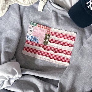 Colorful American Flag Patchwork Sweatshirt, Vintage Flag Crewneck, Coastal Crewneck Sweatshirt