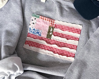 Sweatshirt met ronde hals, Amerikaanse vlag, patchwork, vintage kuststijl