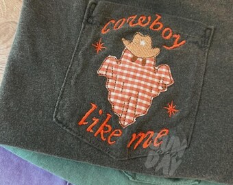 Embroidered  Patchwork Cowboy Ghost Comfort Colors Pocket T-Shirt, Embroidered Halloween Shirt, Cowboy Like Me Shirt