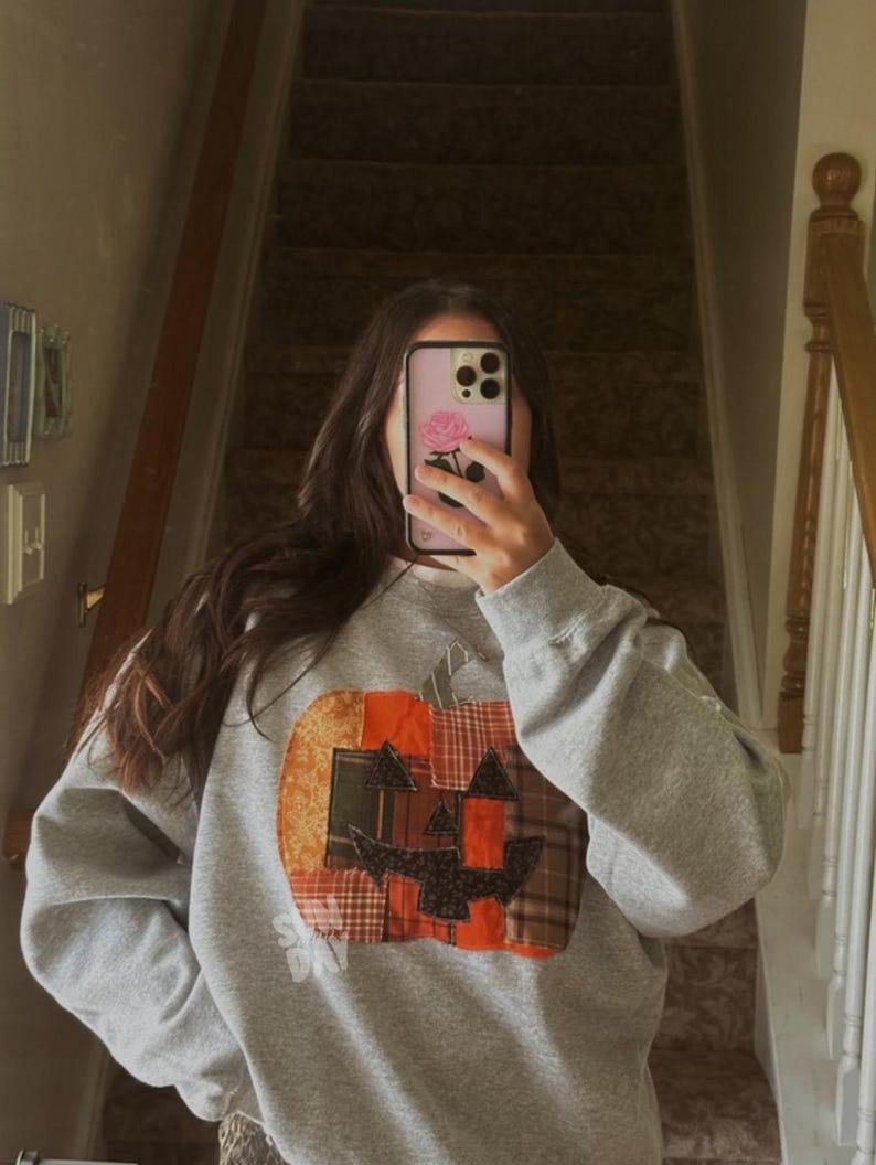 Patchwork-Kürbis-Sweatshirt, Halloween-Patchwork-Sweatshirt mit Rundhalsausschnitt, süßes Jack-o’-Lantern-Sweatshirt Bild 4