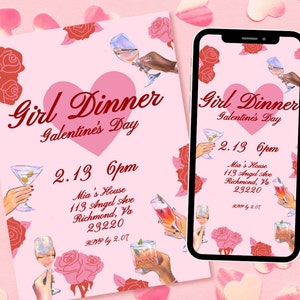 Editable Galentine’s Day Invitation, Girl Dinner Invite Template, printable and digital invite