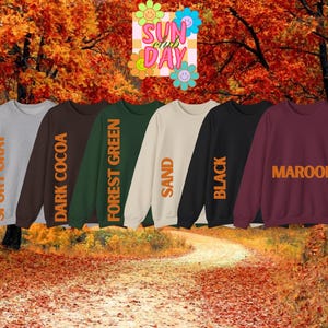 K&ouml;nnte beinhalten: Sechs Rundhals-Sweatshirts in Sportgrau, Dunkelkakaobraun, Waldgr&uuml;n, Sand, Schwarz und Kastanienbraun. Jedes tr&auml;gt den Farbnamen in orangefarbenem Text. Dar&uuml;ber befindet sich eine Grafik mit dem Text SUN CLUB DAY und bunten Blumen.