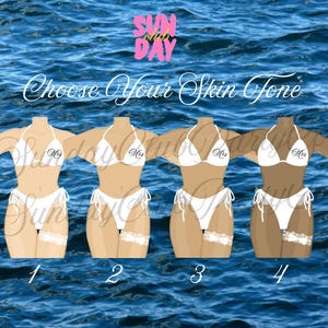 May include: Four illustrations of bikini-clad figures with varying skin tones, set against a blue water background. Each figure wears a white bikini with "Mrs" printed on the top. The text "Choose Your Skin Tone" is above the figures.