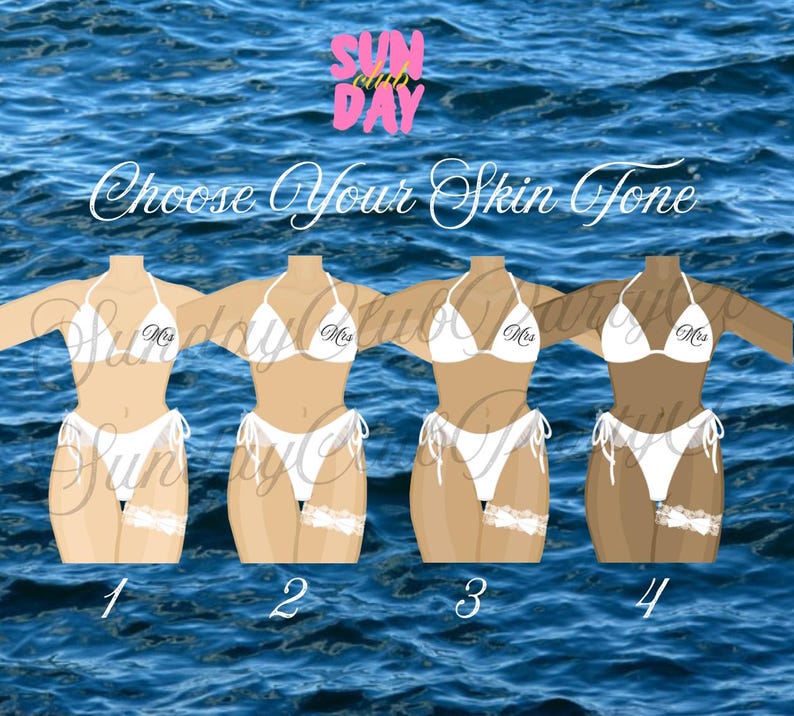 May include: Four illustrations of bikini-clad figures with varying skin tones, set against a blue water background. Each figure wears a white bikini with "Mrs" printed on the top. The text "Choose Your Skin Tone" is above the figures.