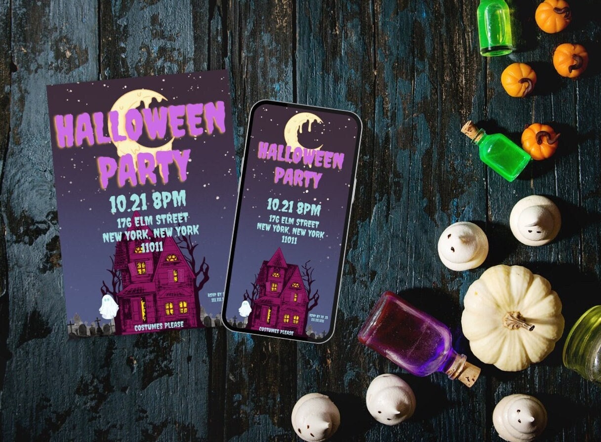 Bearbeitbare Halloween Haunted House Party Einladung, digitale Einladung mit Bonus druckbare Version, Canva