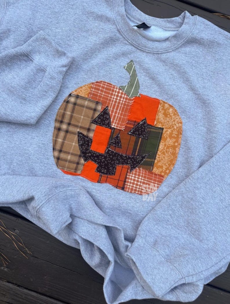 Patchwork-Kürbis-Sweatshirt, Halloween-Patchwork-Sweatshirt mit Rundhalsausschnitt, süßes Jack-o’-Lantern-Sweatshirt Bild 5