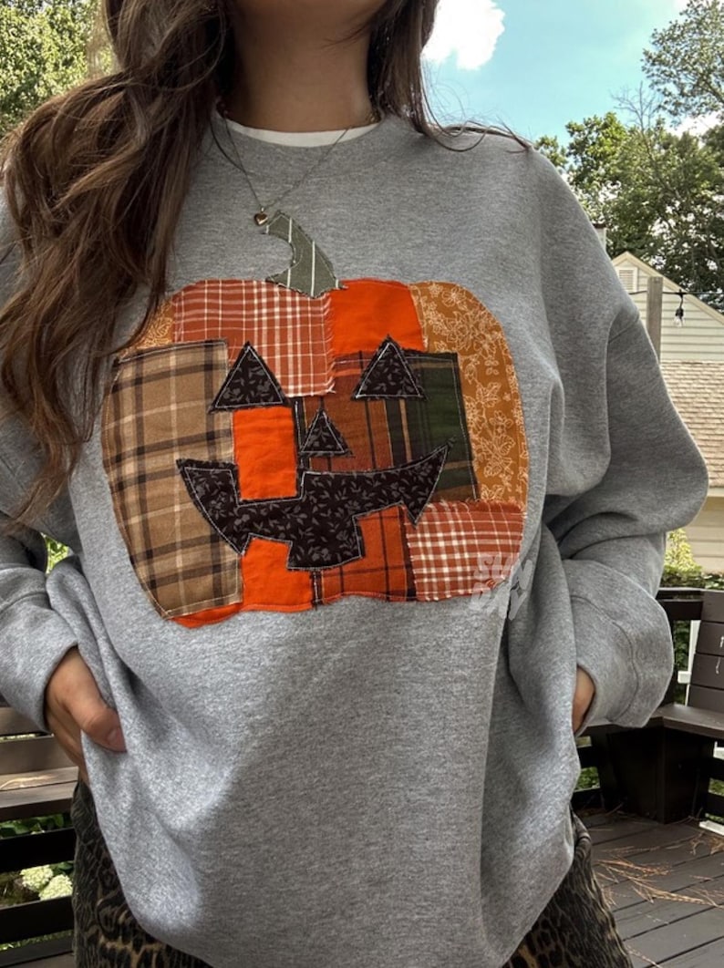 Patchwork-Kürbis-Sweatshirt, Halloween-Patchwork-Sweatshirt mit Rundhalsausschnitt, süßes Jack-o’-Lantern-Sweatshirt Bild 6