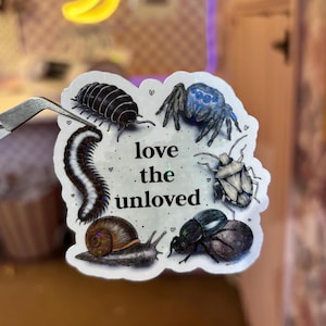 May include: A sticker with illustrations of insects and a snail, with the text "love the unloved". The insects include a woodlouse, spider, beetle, and centipede. The sticker is held by tweezers.