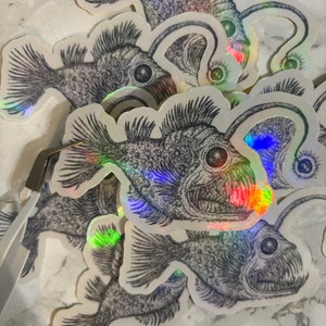 Angler Fisch Schwarze Meeresfisch Illustration Angeln Weiß Holographischer Aufkleber